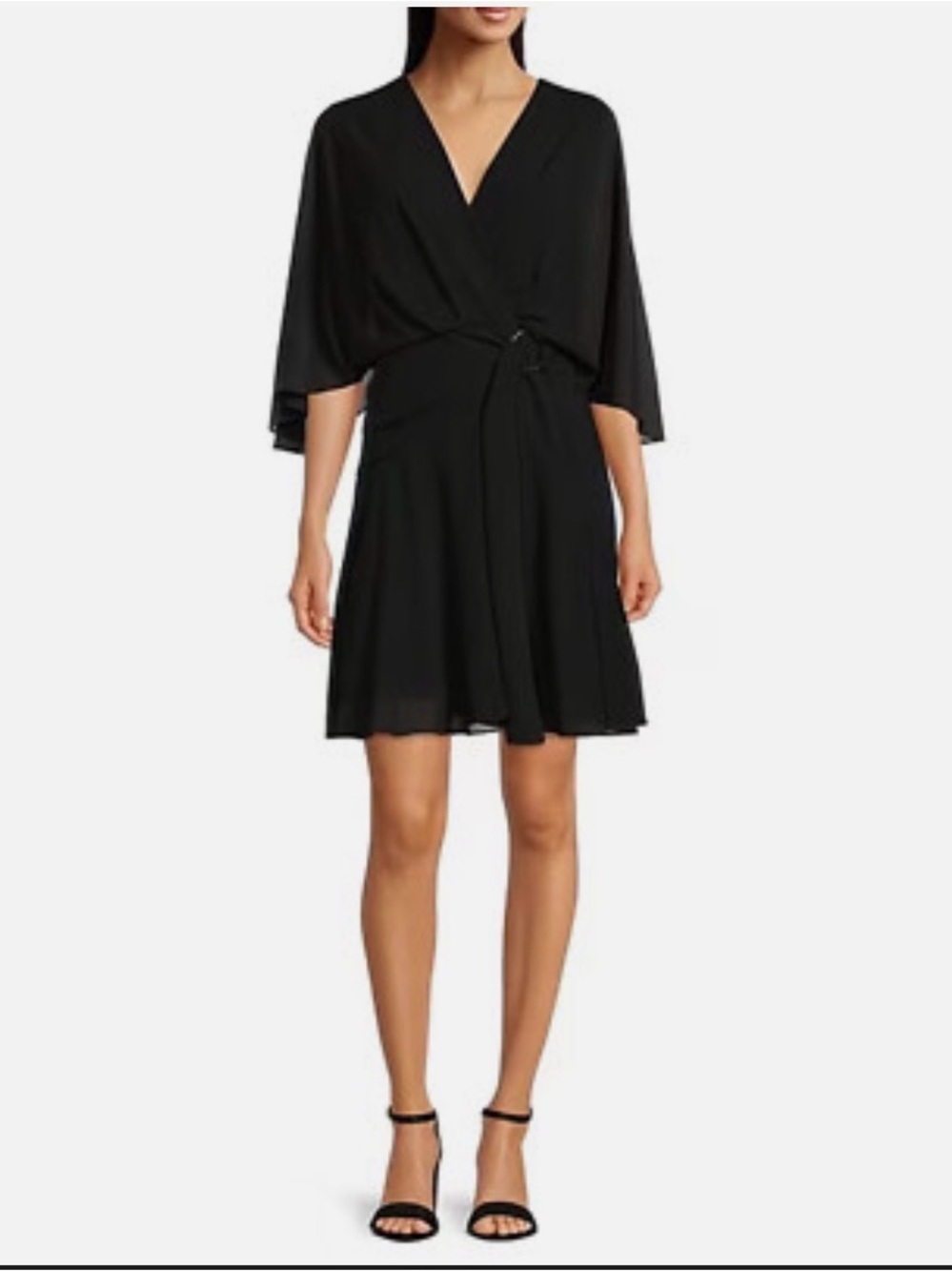 Alex Marie | Black Flutter Sleeve Cape V-Neck Chiffon Wrap Mini Dress | Sz 14